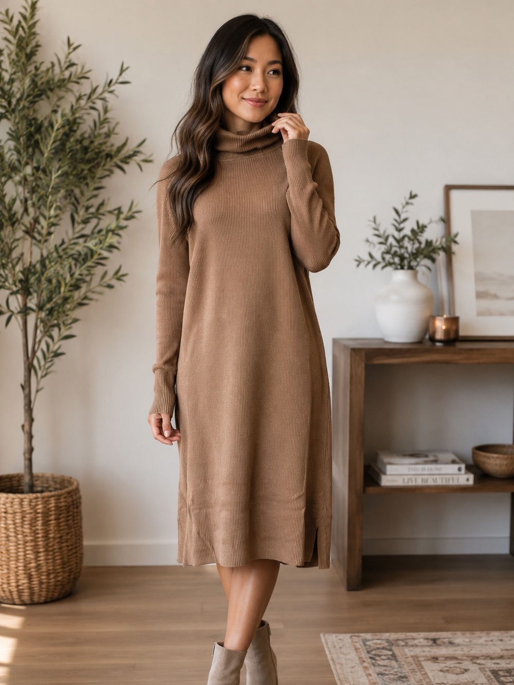 Mystree Ribbed Turtleneck Midi Dress in Camel Brown